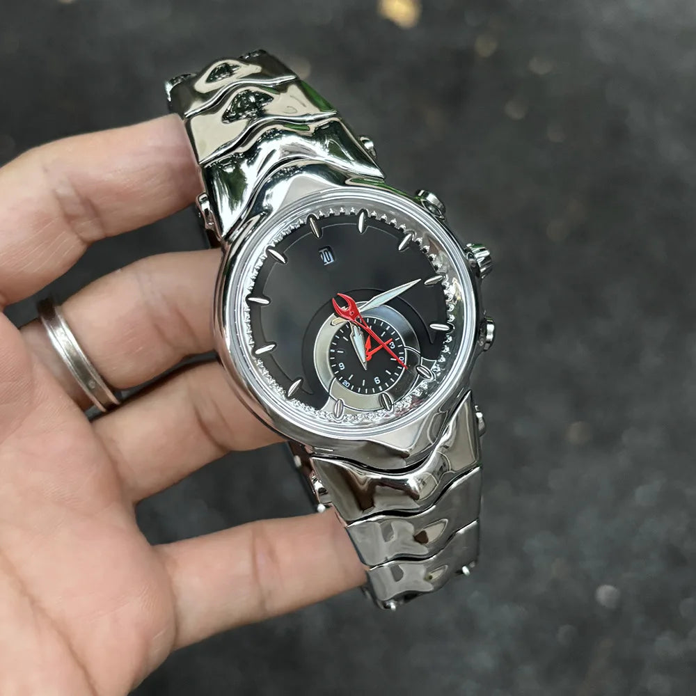 Y2K Creative Black Silver Unique Fake Dial Quartz Watches Men Different Waterproof Watch Man Luminous Steel Watch Male Clock