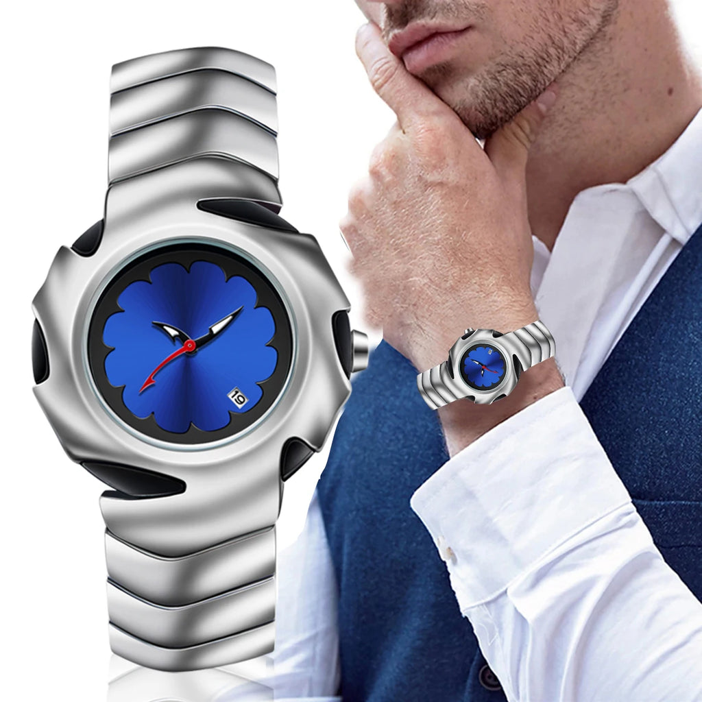 Men'S Y2K Unique Blade Fashion Stainless Steel Black Blue Luxury Top Analog Quartz Waterproof Dress Wristwatches