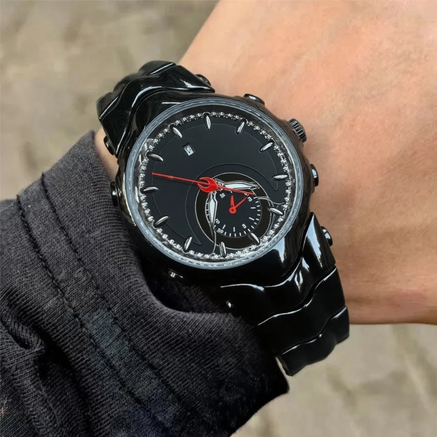 Y2K Creative Black Silver Unique Fake Dial Quartz Watches Men Different Waterproof Watch Man Luminous Steel Watch Male Clock