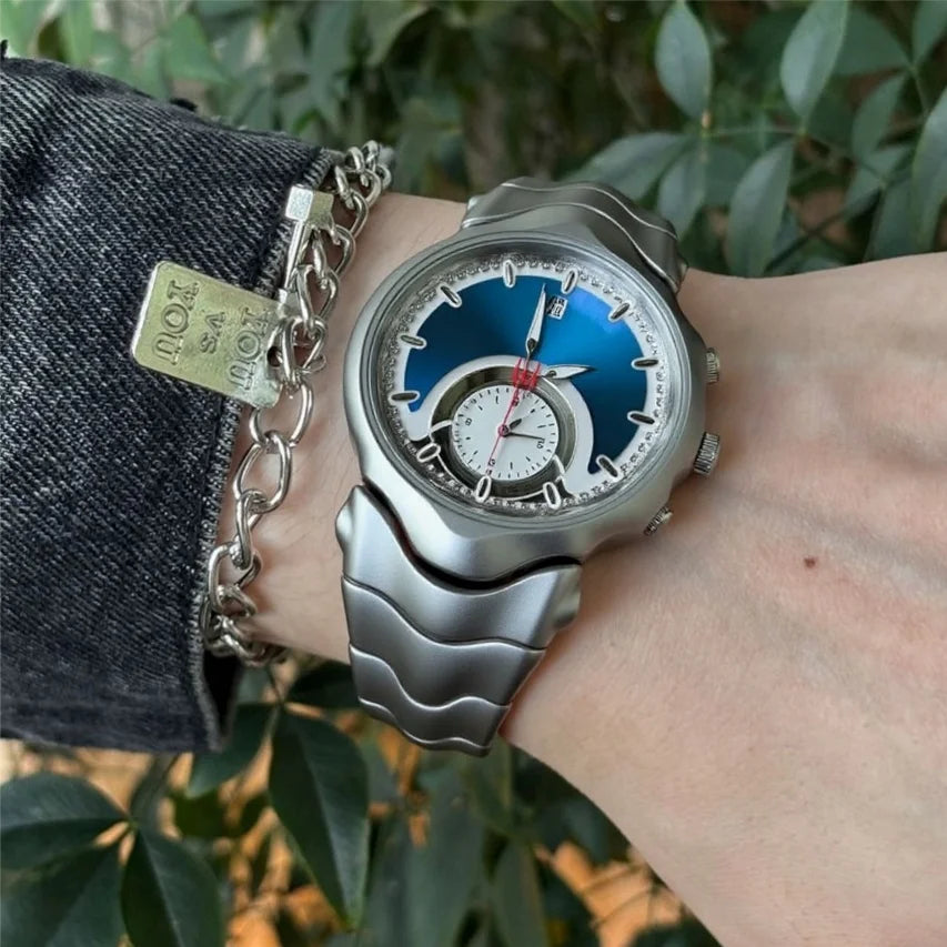 Y2K Creative Black Silver Unique Fake Dial Quartz Watches Men Different Waterproof Watch Man Luminous Steel Watch Male Clock