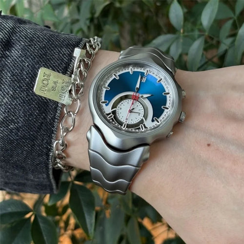 Y2K Creative Black Silver Unique Fake Dial Quartz Watches Men Different Waterproof Watch Man Luminous Steel Watch Male Clock